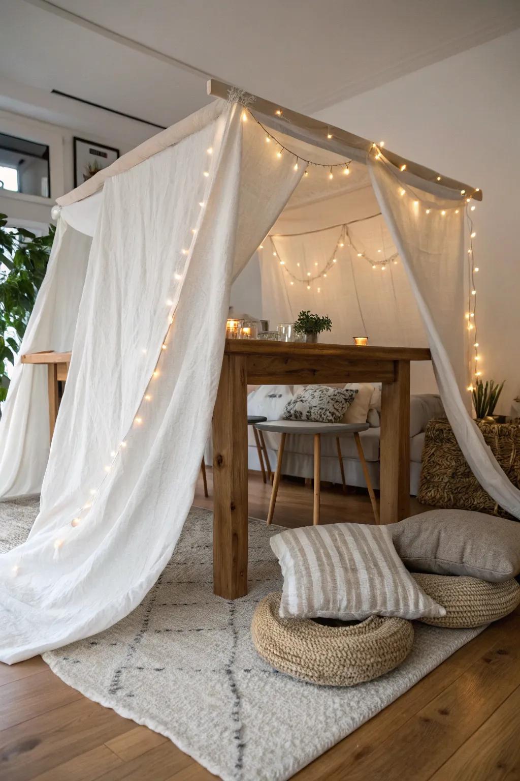 Forge your own magical hideaway with an uncomplicated beneath-the-table sanctuary, ideal for moments of calm and imagination.