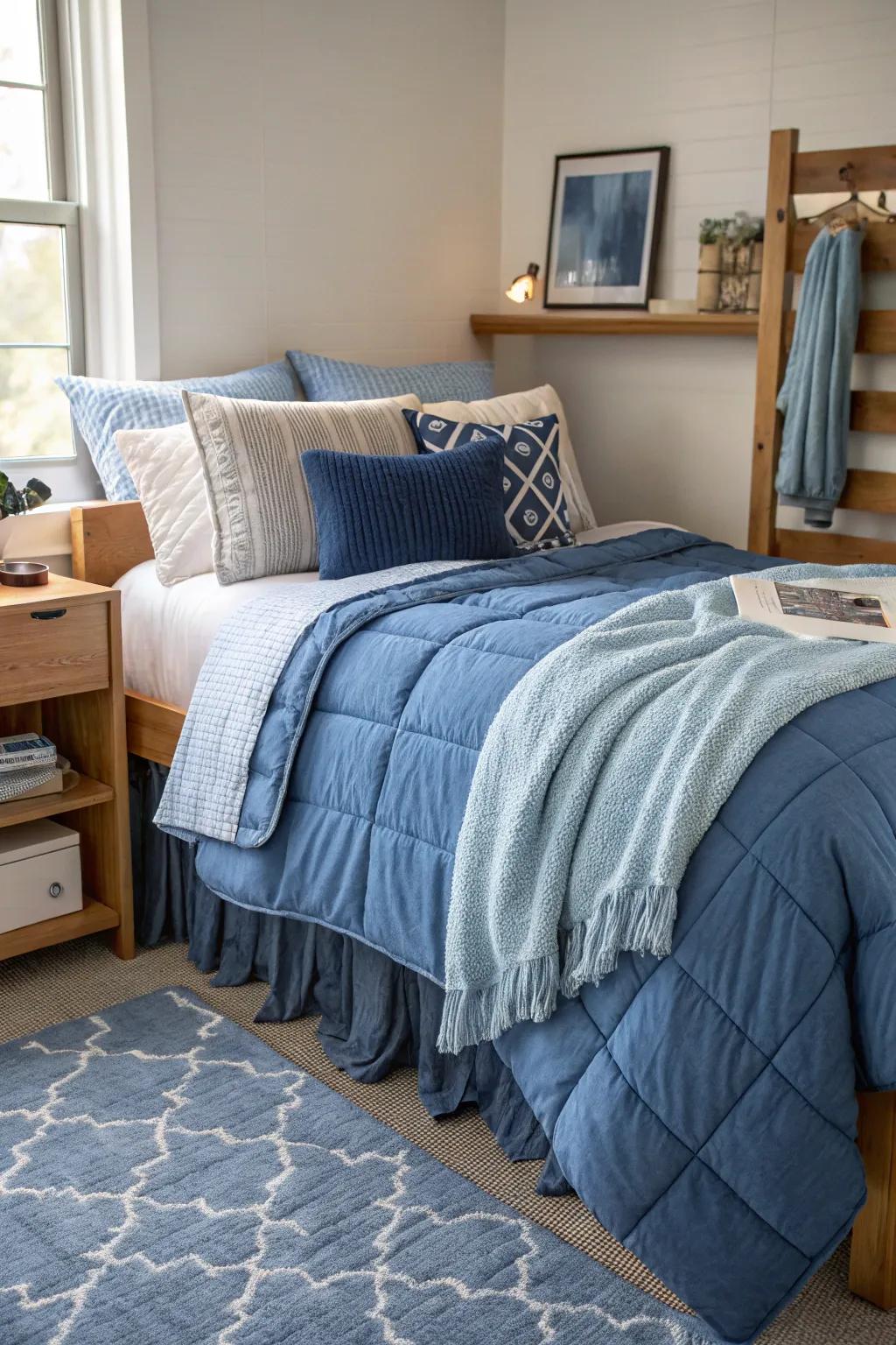 Azure-layered bedding metamorphoses your bed into a posh centerpiece.