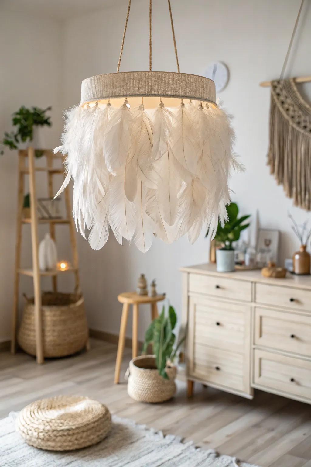 Revamp your area with an enchanting plume lampshade, merging boho whimsy with Scandinavian minimalism.
