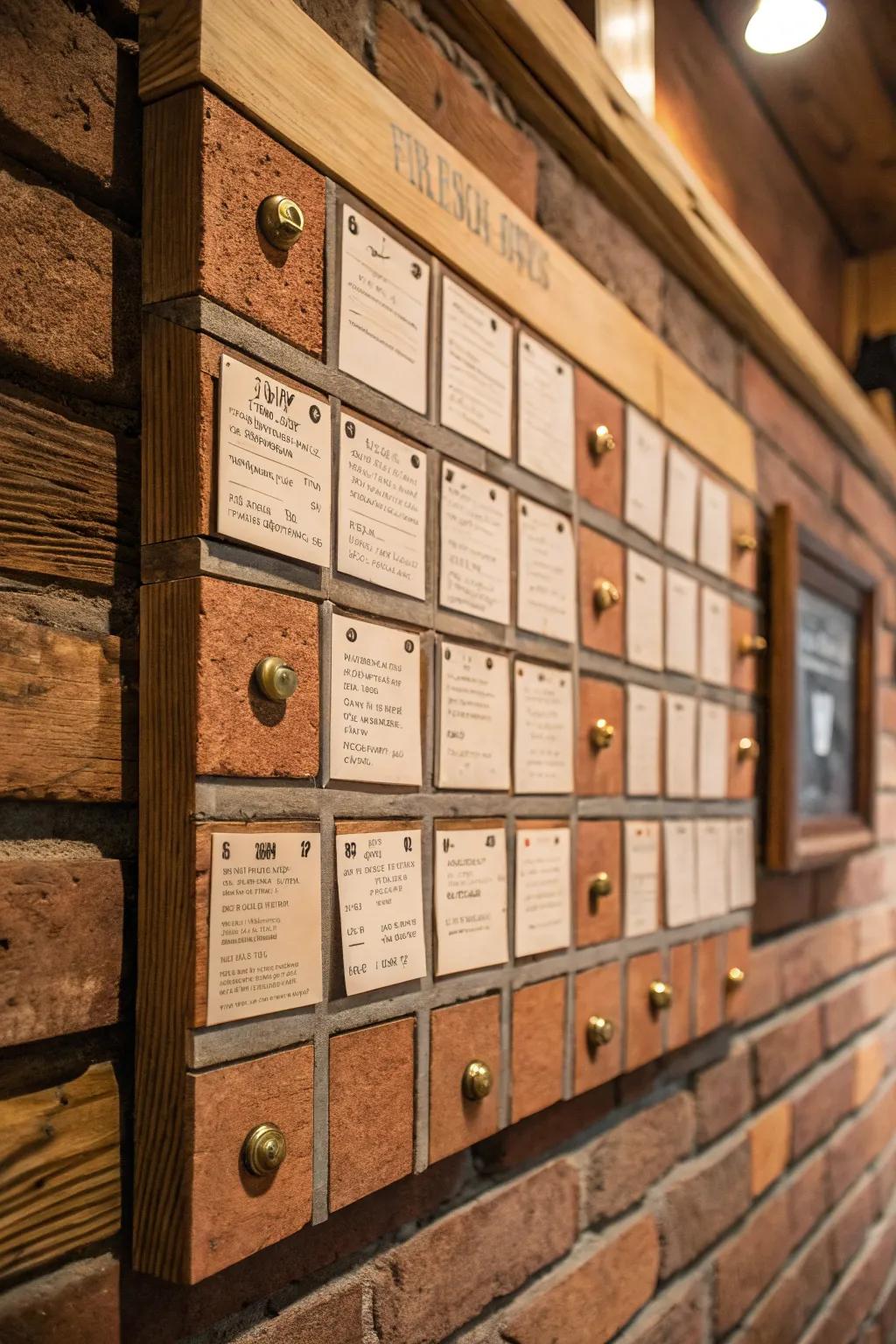 Master the art of organization with a stylish grid layout on a handcrafted brick bulletin board.