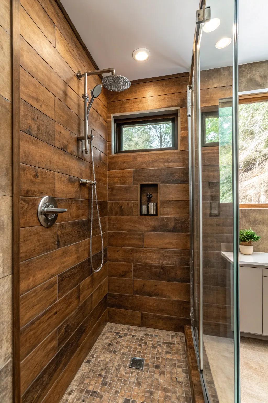 An ideal intermix of vintage and contemporary aesthetics with chocolate lumber-resembling tiling.