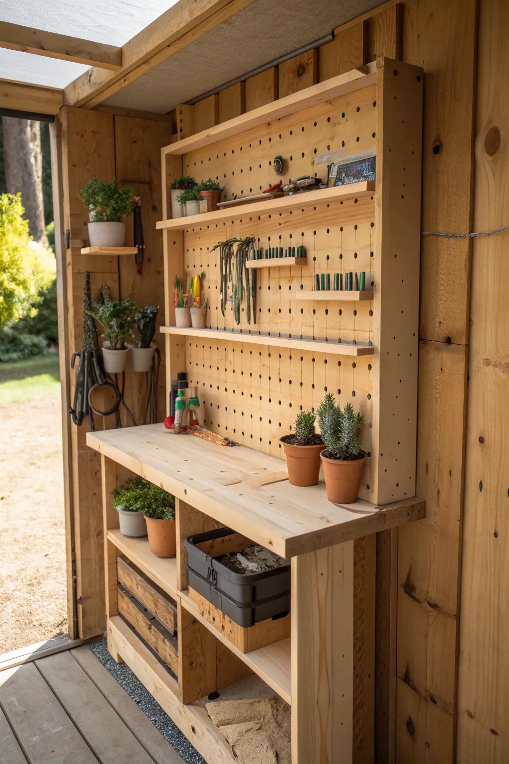 Transform your shed with adaptable perforated board shelving—where practicality meets craftsmanship.
