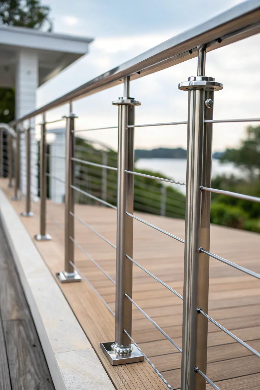 Embrace contemporary sophistication with sleek steel supports for your deck railing.