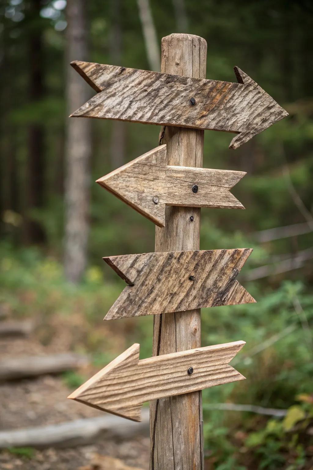 Navigate the wilds with refinement: homespun timber indicators sculpted from coastal flotsam.