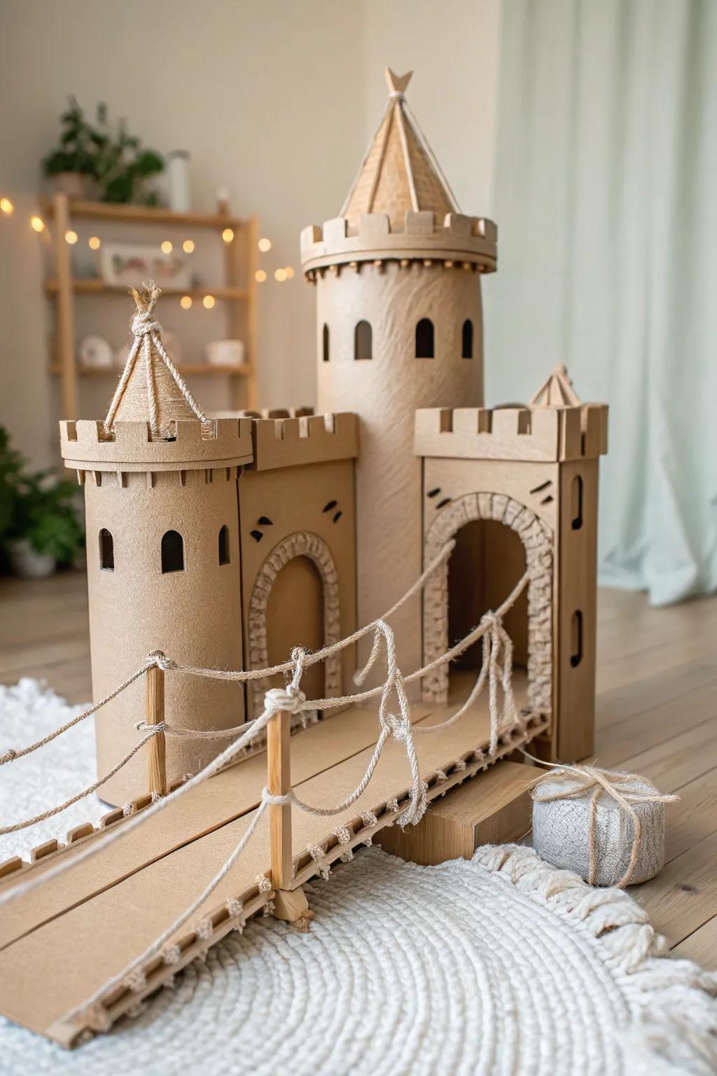 Unleash the enchantment: A whimsical cardboard citadel featuring a captivating lift bridge, where unpretentiousness converges with imagination.