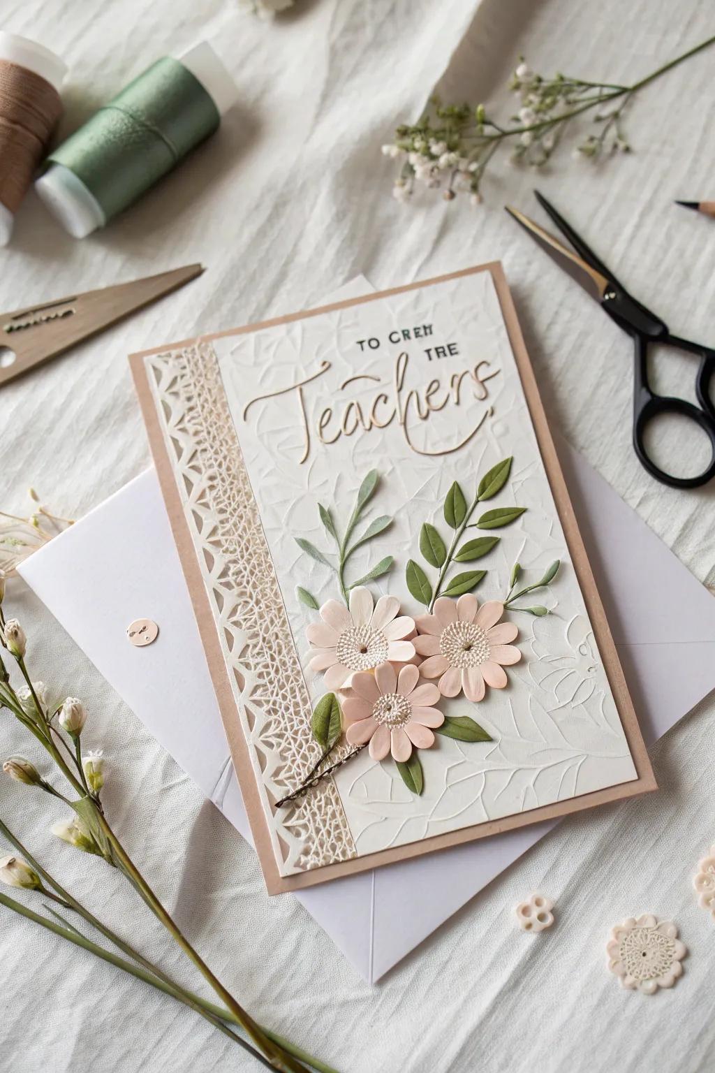 Honor teachers with a hint of handcrafted refinement. Artistry harmonizes with simplicity in this distinctive card design.