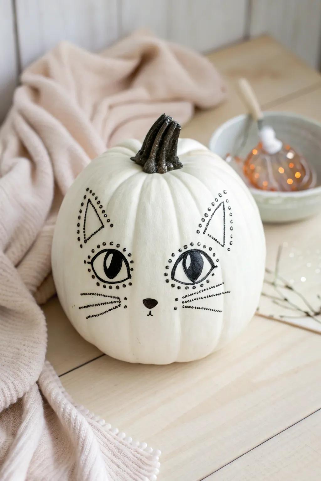 Embrace the allure of autumn with this exquisitely crafted cat pumpkin, ideal for adding a hint of whimsy to your minimalist décor.