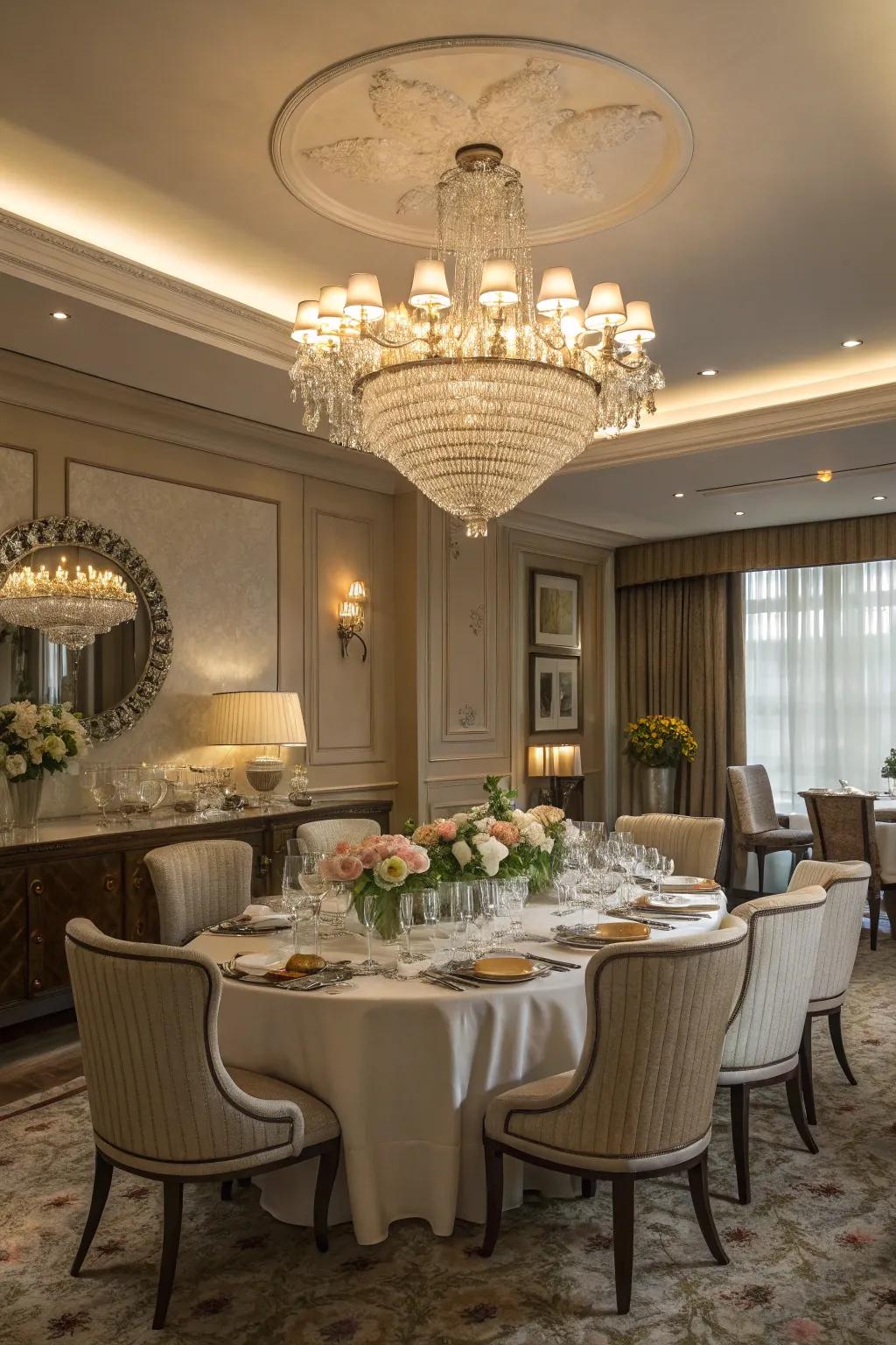 An opulent chandelier enriches the dining setting in a sophisticated dining room.