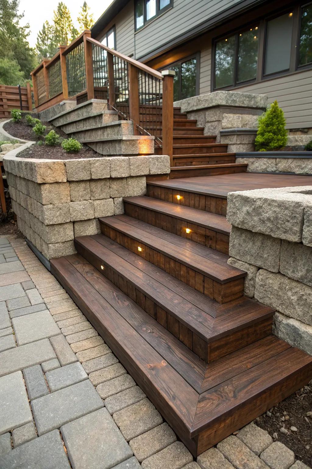 Refine your terrace experience with sophisticated foundation block and timber steps, where artistry converges with practicality.