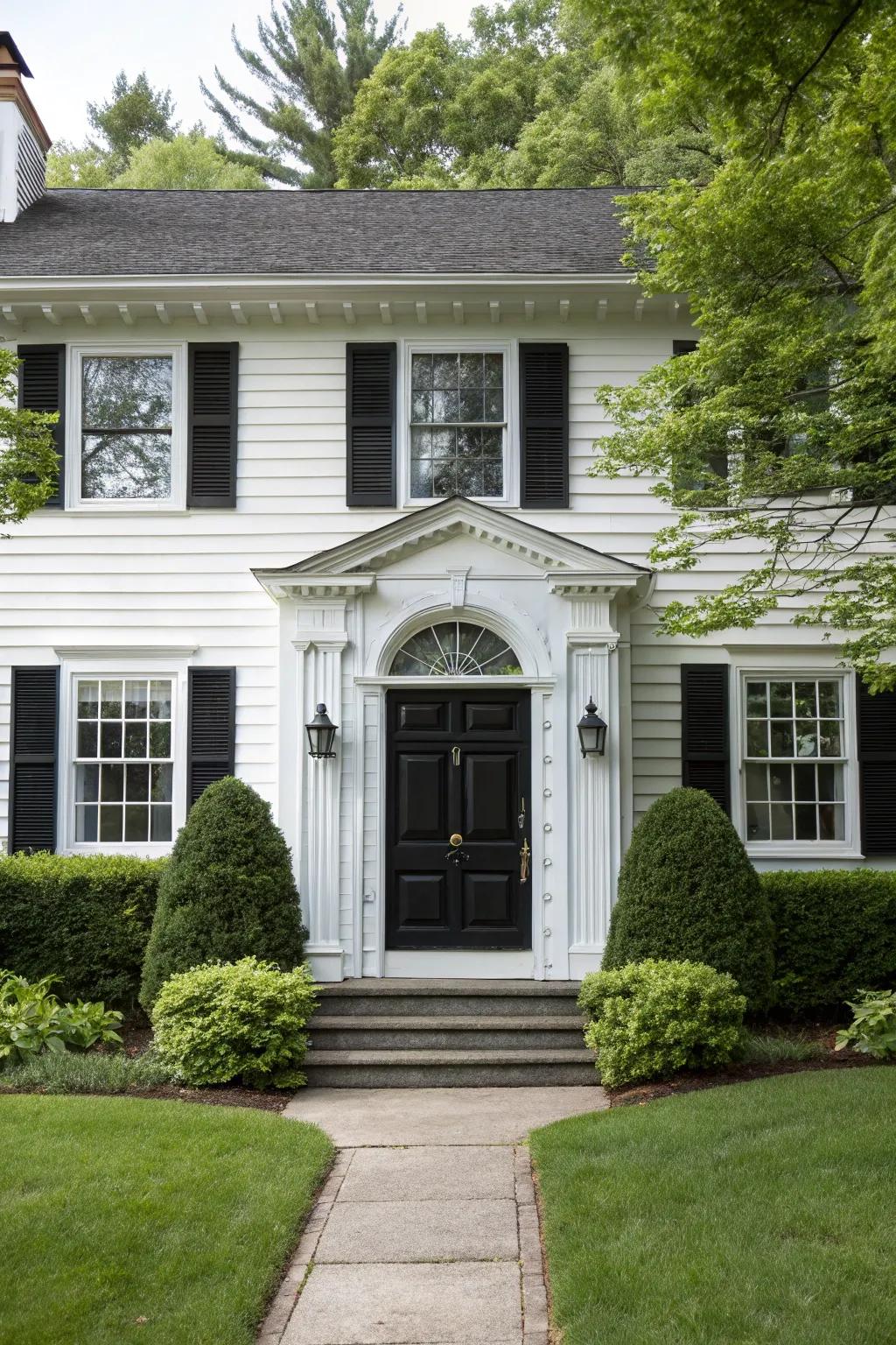 An iconic dark door introduces class and comparison to a colonial front view.