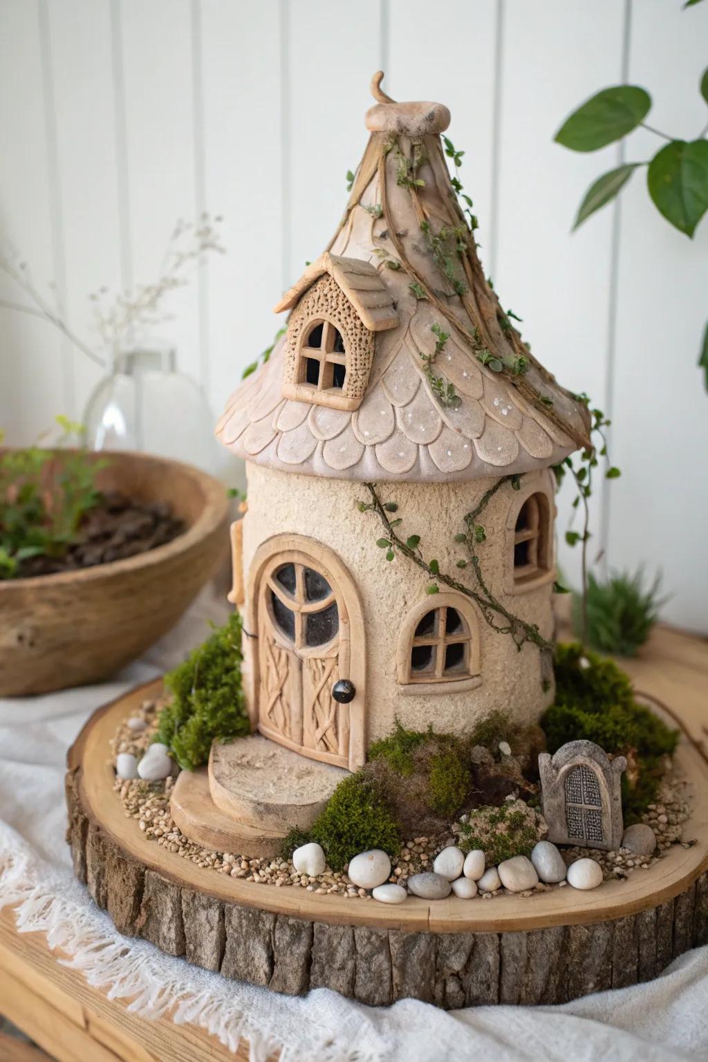Journey to a magical dreamscape with this enchanting clay pixie dwelling, where effortlessness meets captivating craftsmanship.