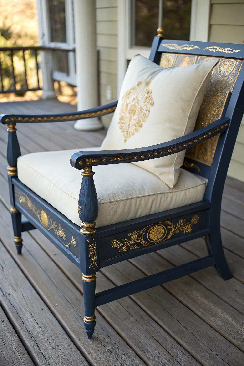 Transform the discarded into the delightful: A stunningly revived chair infuses elegance into your deck at minimal expense.