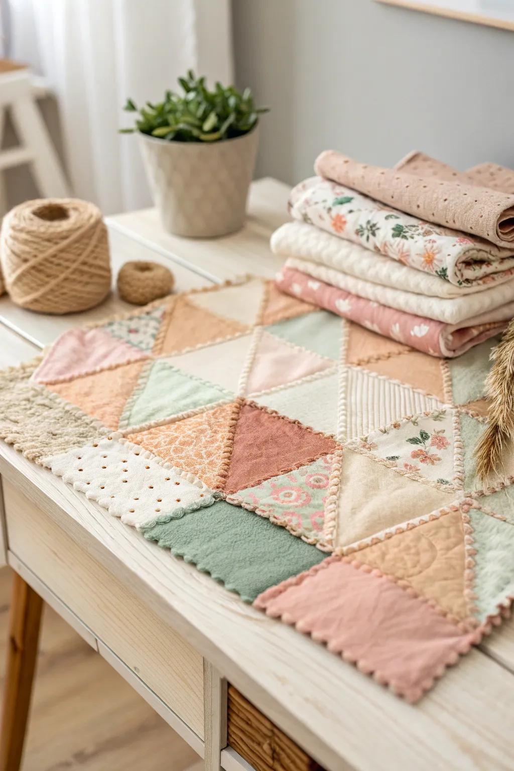 Transform your fabric remnants into a tranquil patchwork masterpiece that reveres simplicity and innate allure.
