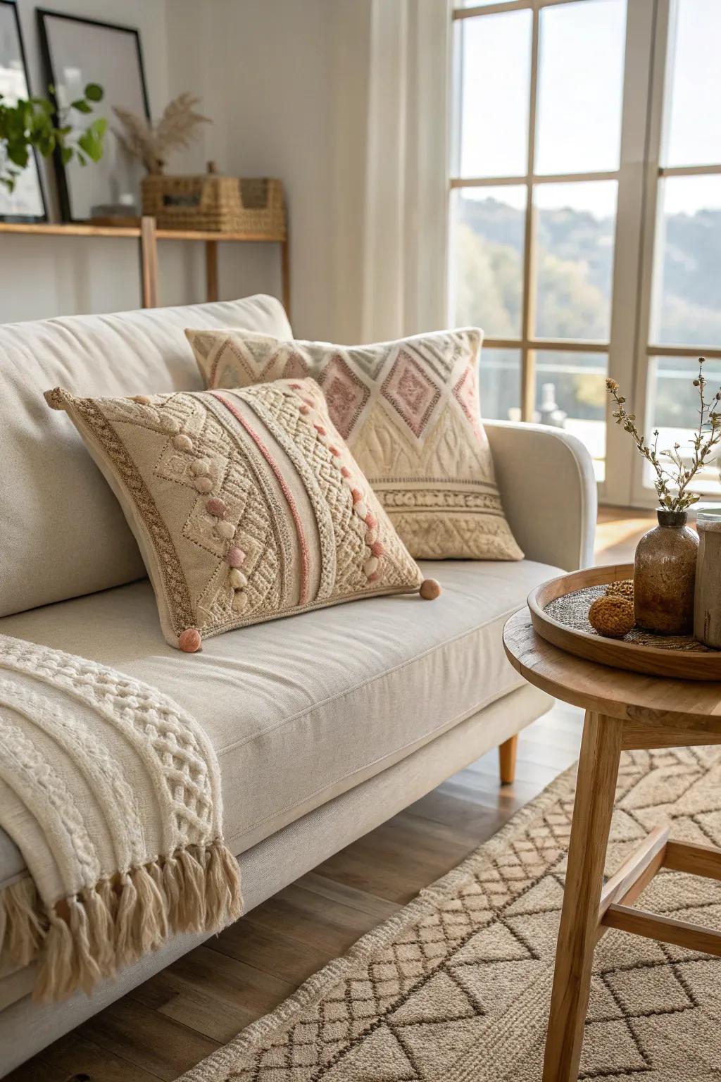 Revitalize your home’s ambiance with repurposed knit cushions – a harmonious blend of sustainability and Scandinavian chic.