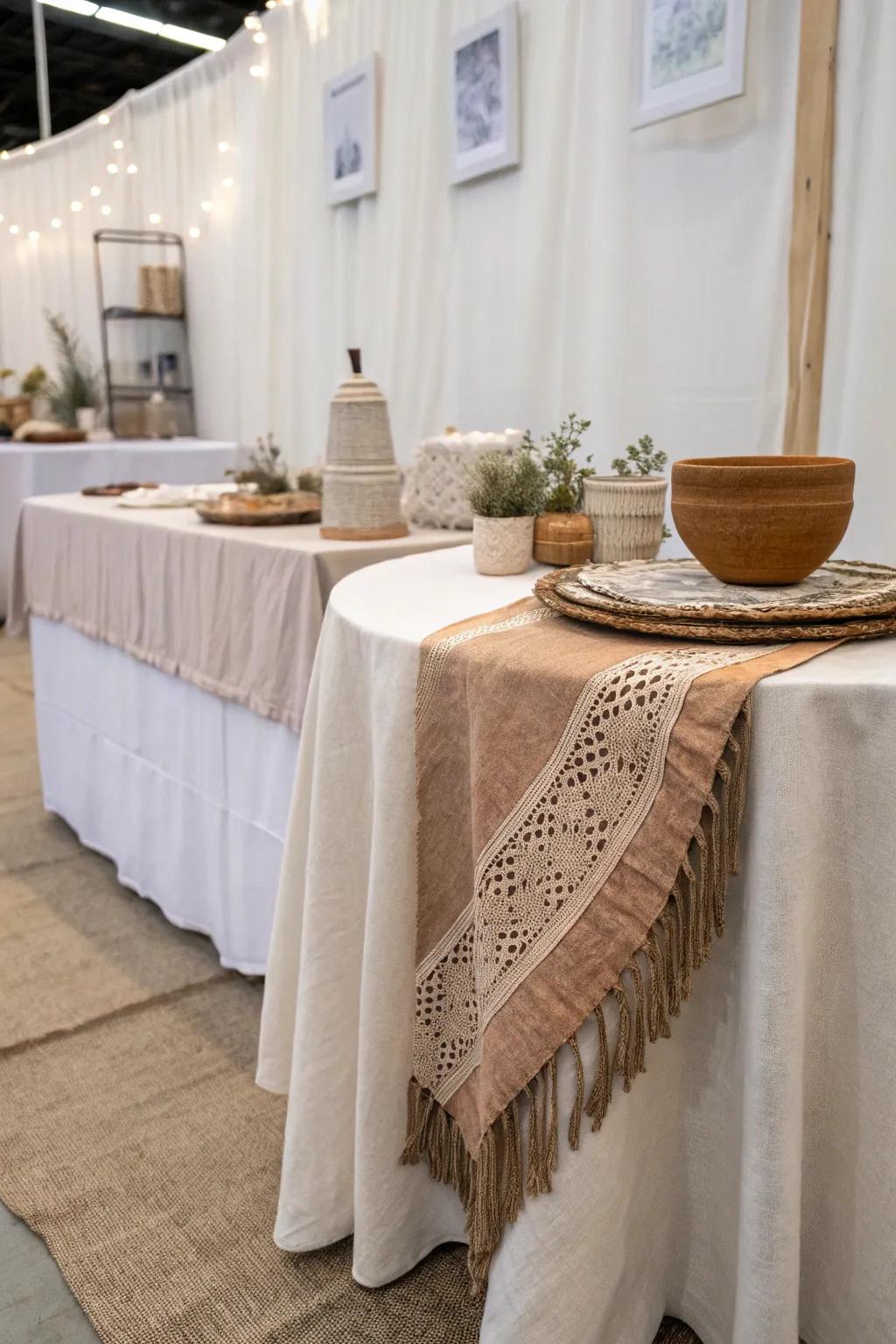Enhance your craft fair display with the refined art of layered table covers, ensuring a clutter-free and fashionable presentation.