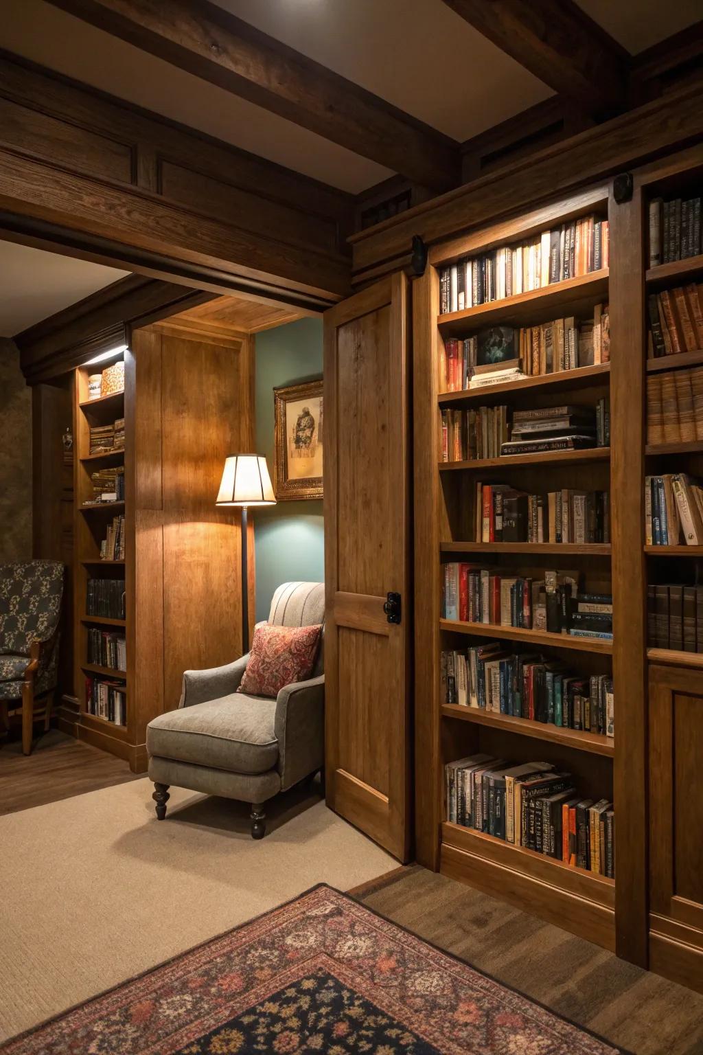 A concealed library tucked away behind a sliding directory.