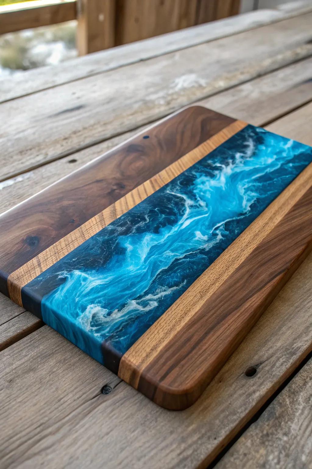 A Masterful Blend: A captivating fusion of timber and casted sap culminates in the definitive cutting board showpiece.