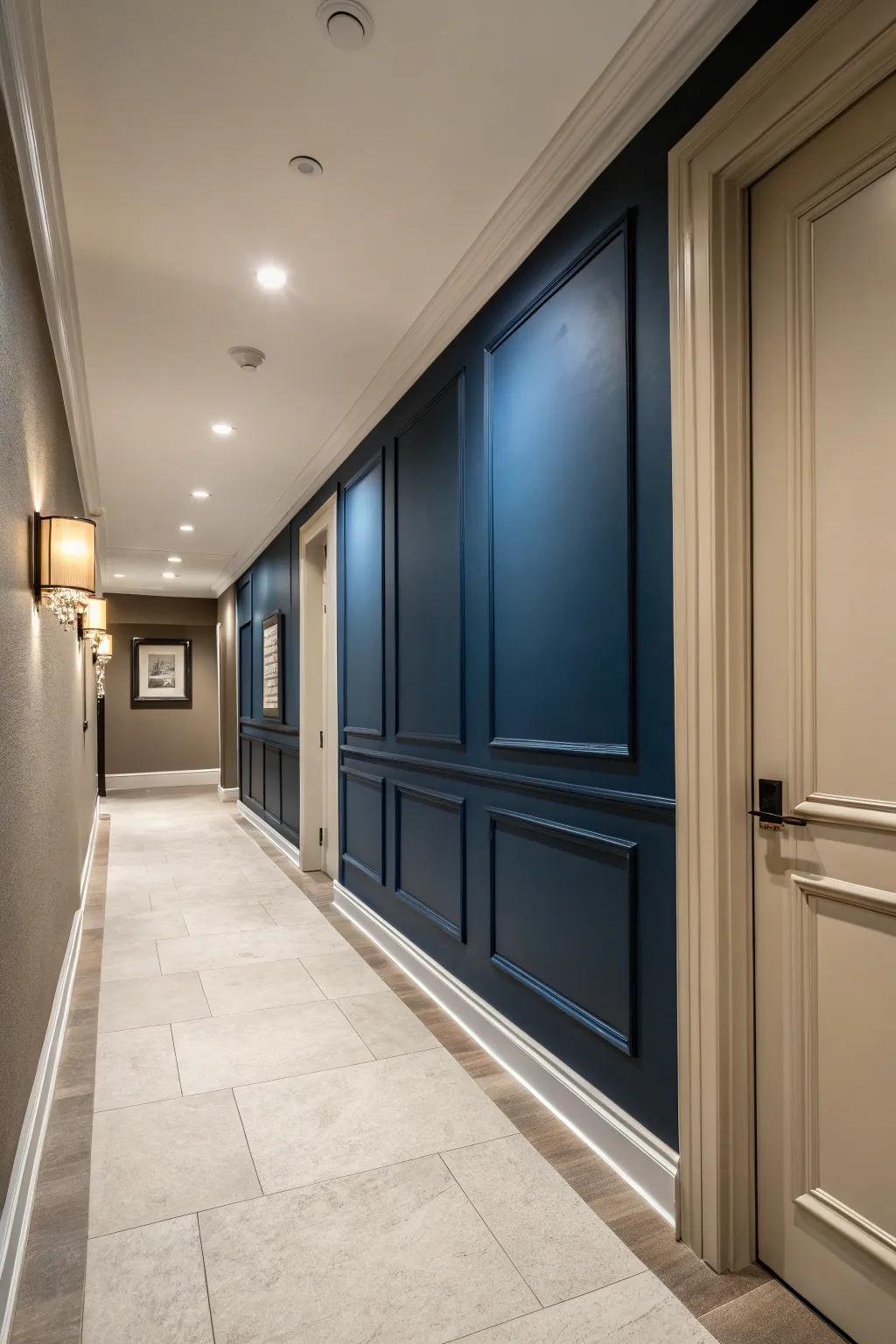 A prime wall saturated in deep azure infuses profundity and individuality to a serene corridor.