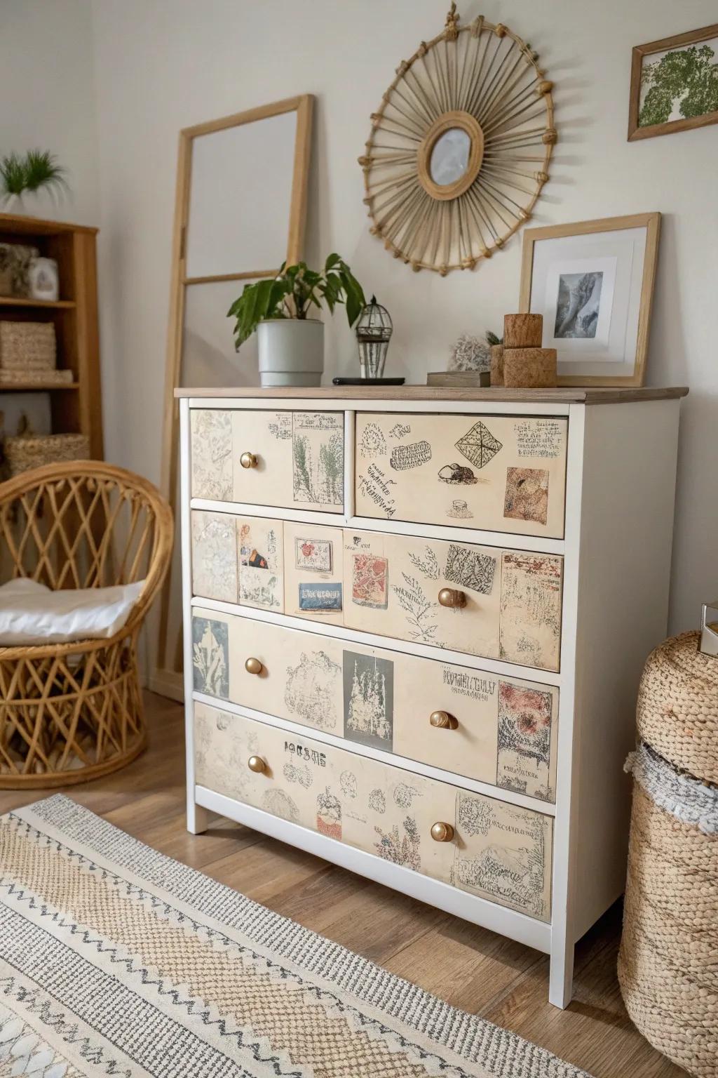 Transform your space with vintage postcard decoupage, where nostalgia embraces understated elegance.
