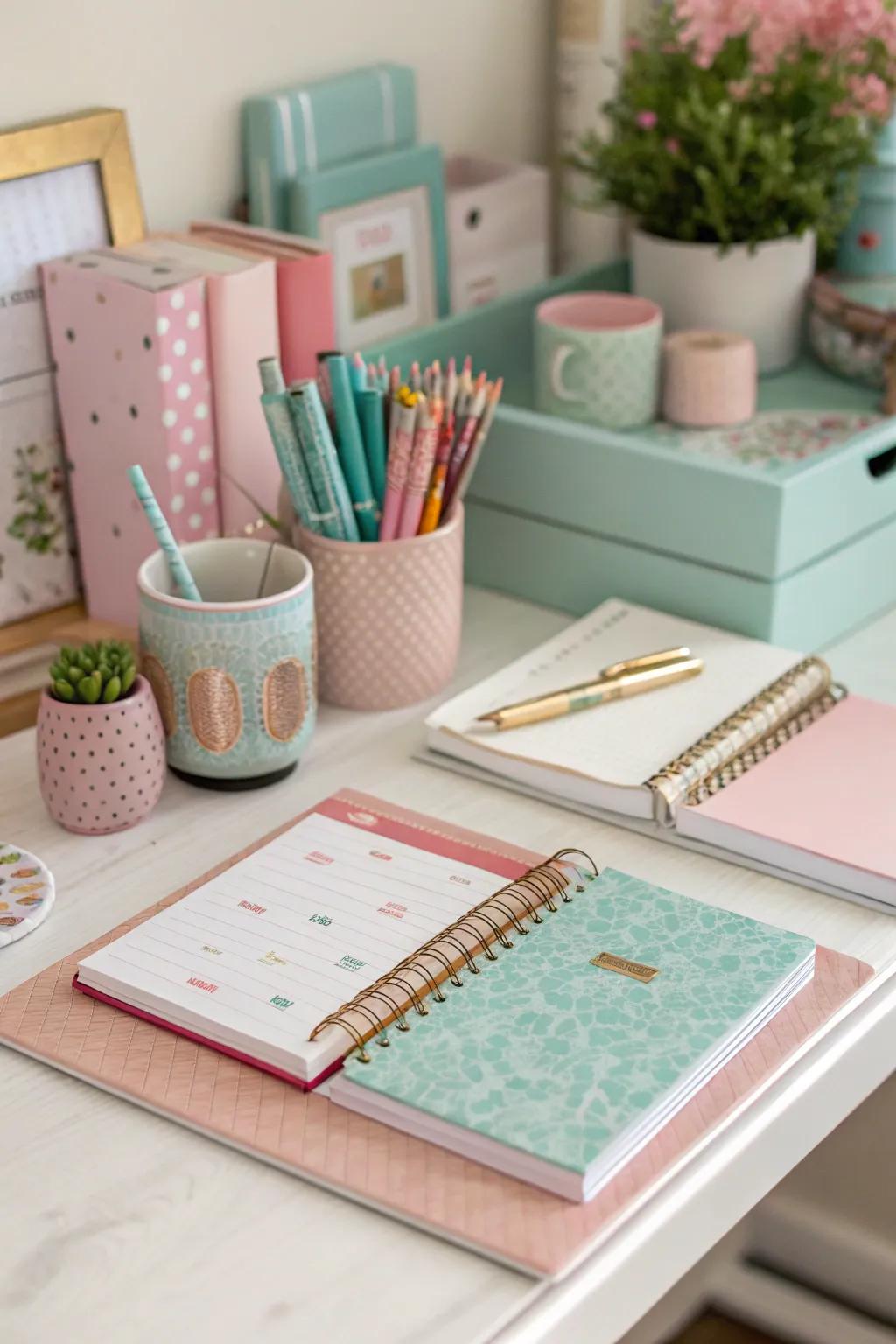 A desk enhanced using a matching color palette.