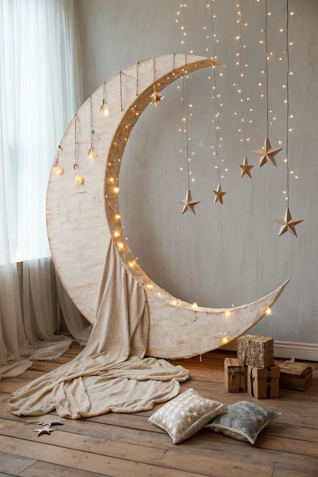 Preserve magical moments with this whimsical celestial body backdrop, ideal for precious baby shower photos.