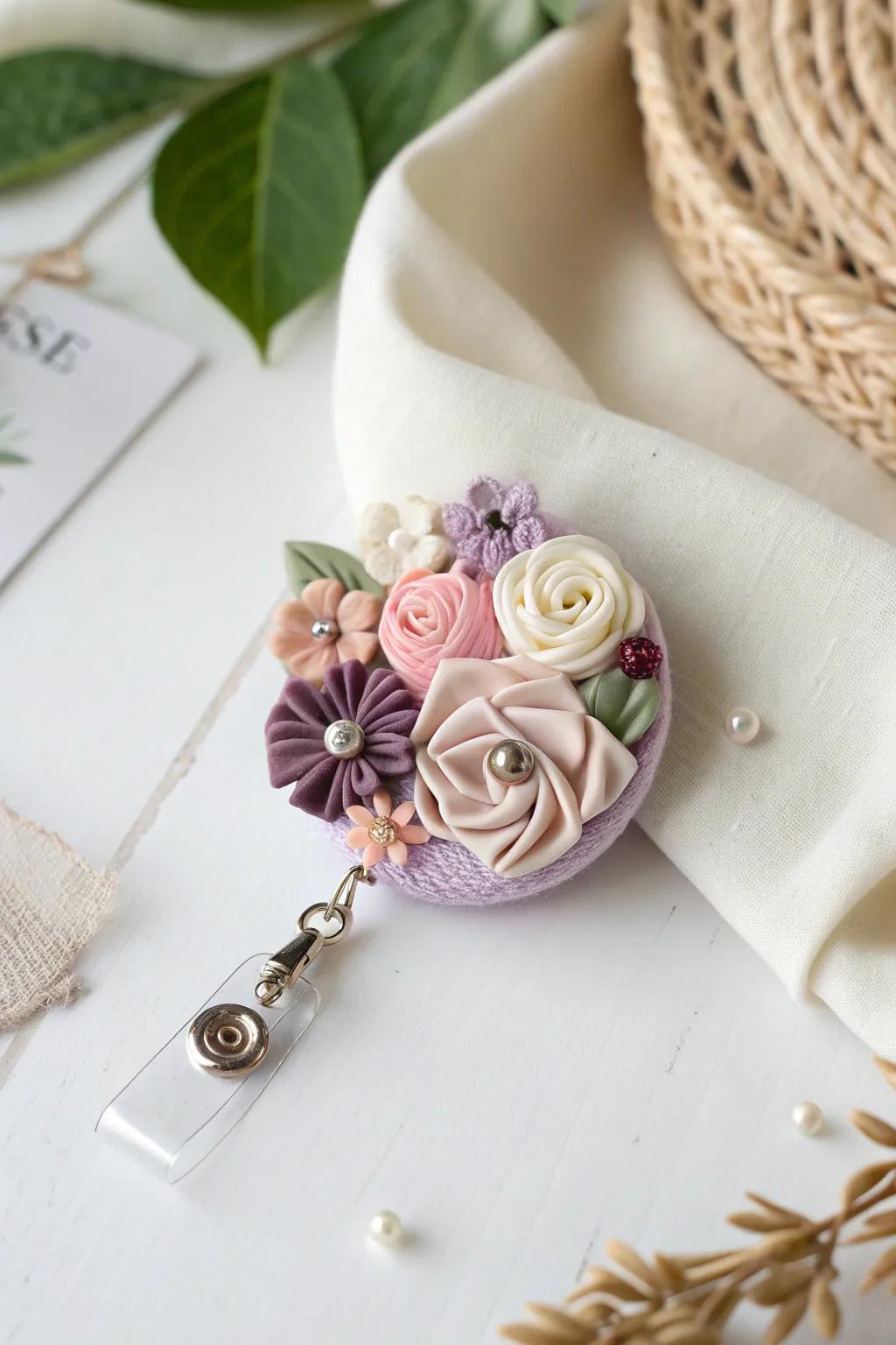 Embrace the allure of spring with this delightful floral badge reel, a harmonious fusion of simplicity and natural grace.