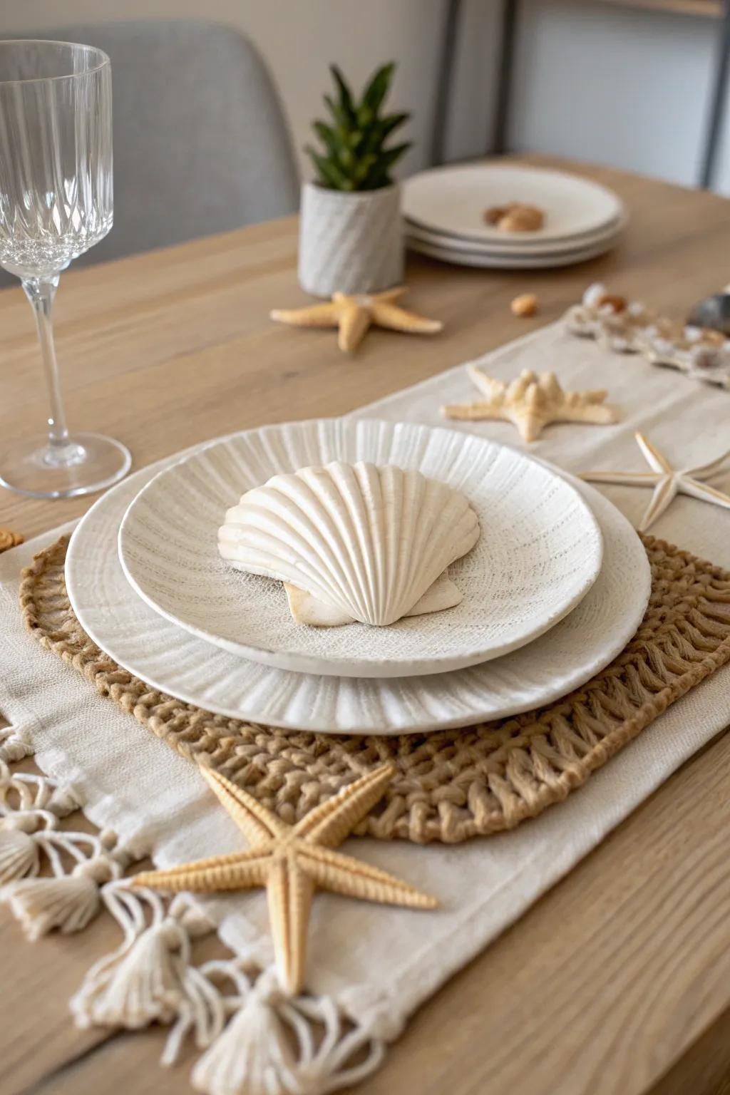Adopt shoreside sophistication with marine shells and seastars for a serene table presentation.