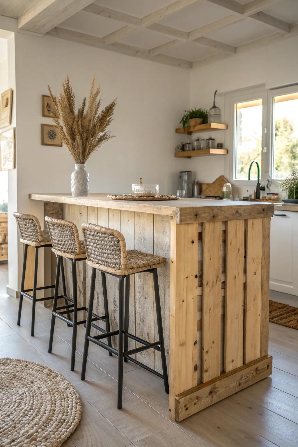 Give your kitchen a rustic feel with a breakfast bar made from repurposed pallets that combines sustainability with minimalist style.