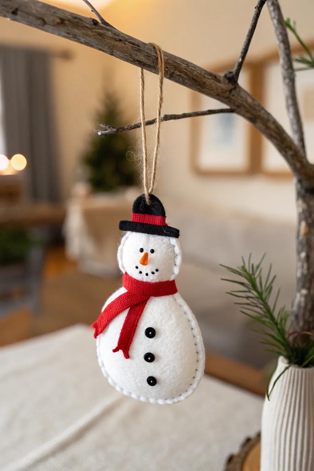 Celebrate the charm of handmade holiday adornments with this delightful felt snowman ornament, crafted for simplicity and beauty.