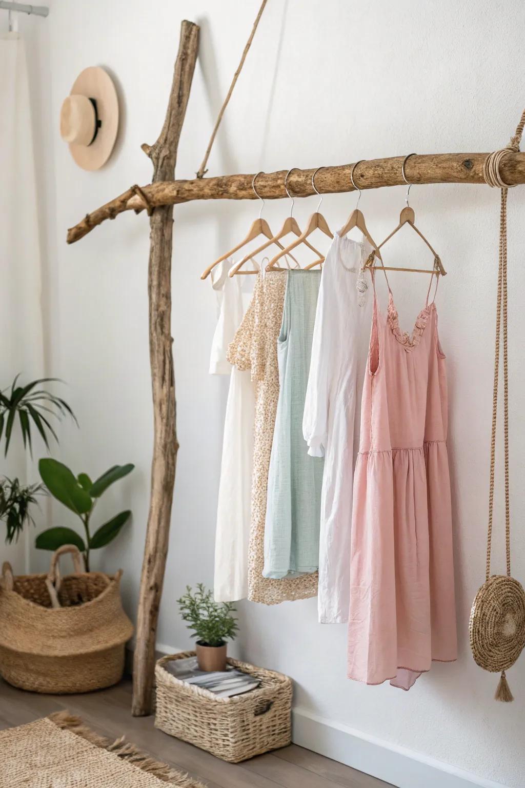 Usher the outdoors in with this enchanting DIY garment display fashioned from a homespun arboreal limb. Immaculate for showcasing your treasured summery frocks!