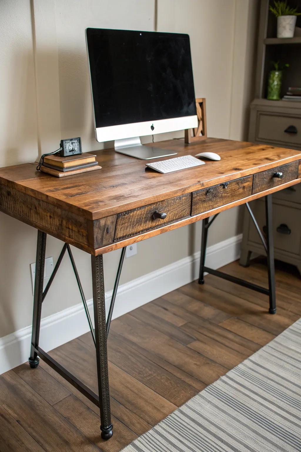 Crafted with ingenuity: A captivating DIY desk that harmonizes rustic charm with contemporary elegance.