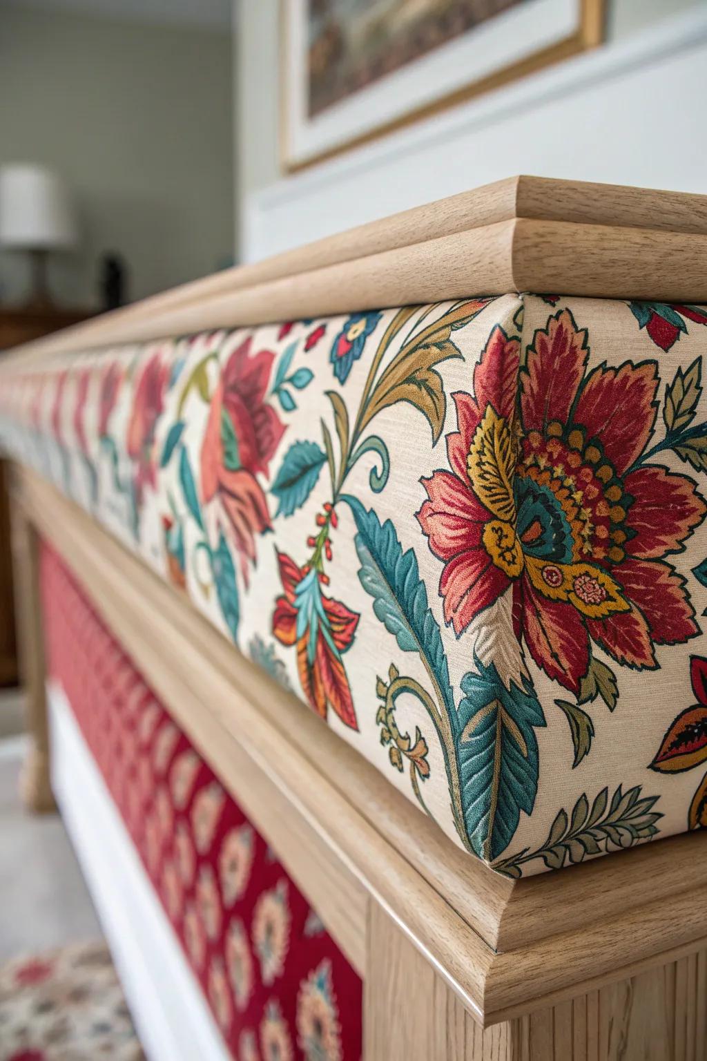 Transform your dwelling with a hint of striking sophistication—a bespoke cornice board enveloped in radiant floral textile.