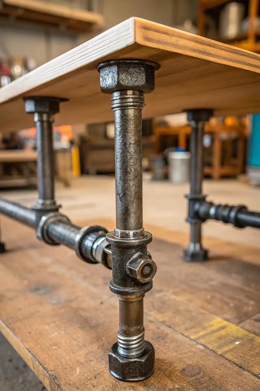 Enhance your table's allure with refined industrial piping—where ferrous components converge with lumber in consummate harmony.
