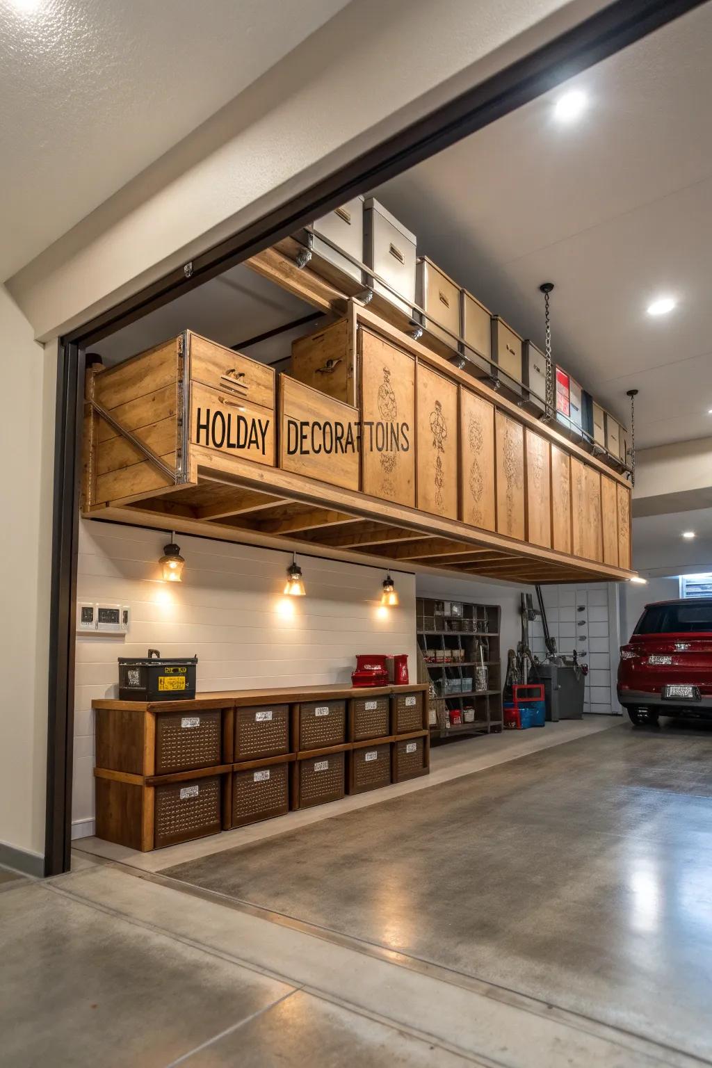 Enhance your garage's potential with chic and effective overhead storage solutions.