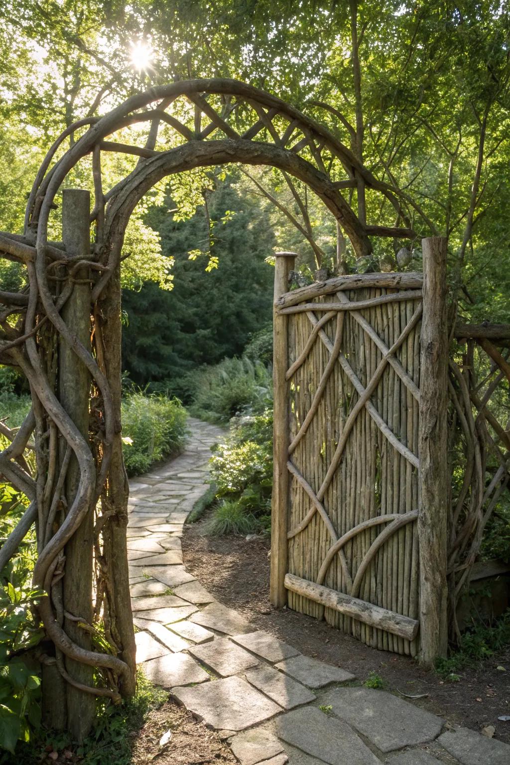 Celebrate the outdoors with this handmade natural branch gate, where artistry converges with eco-friendly craftsmanship.