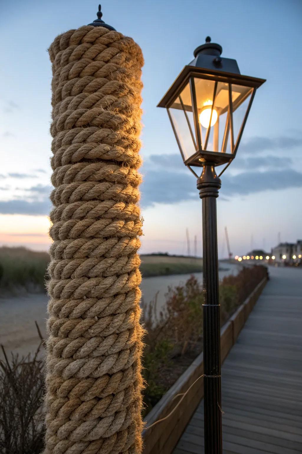 Brighten your area with a sea-inspired feel: a lamp post wrapped in rope for a coastal look.