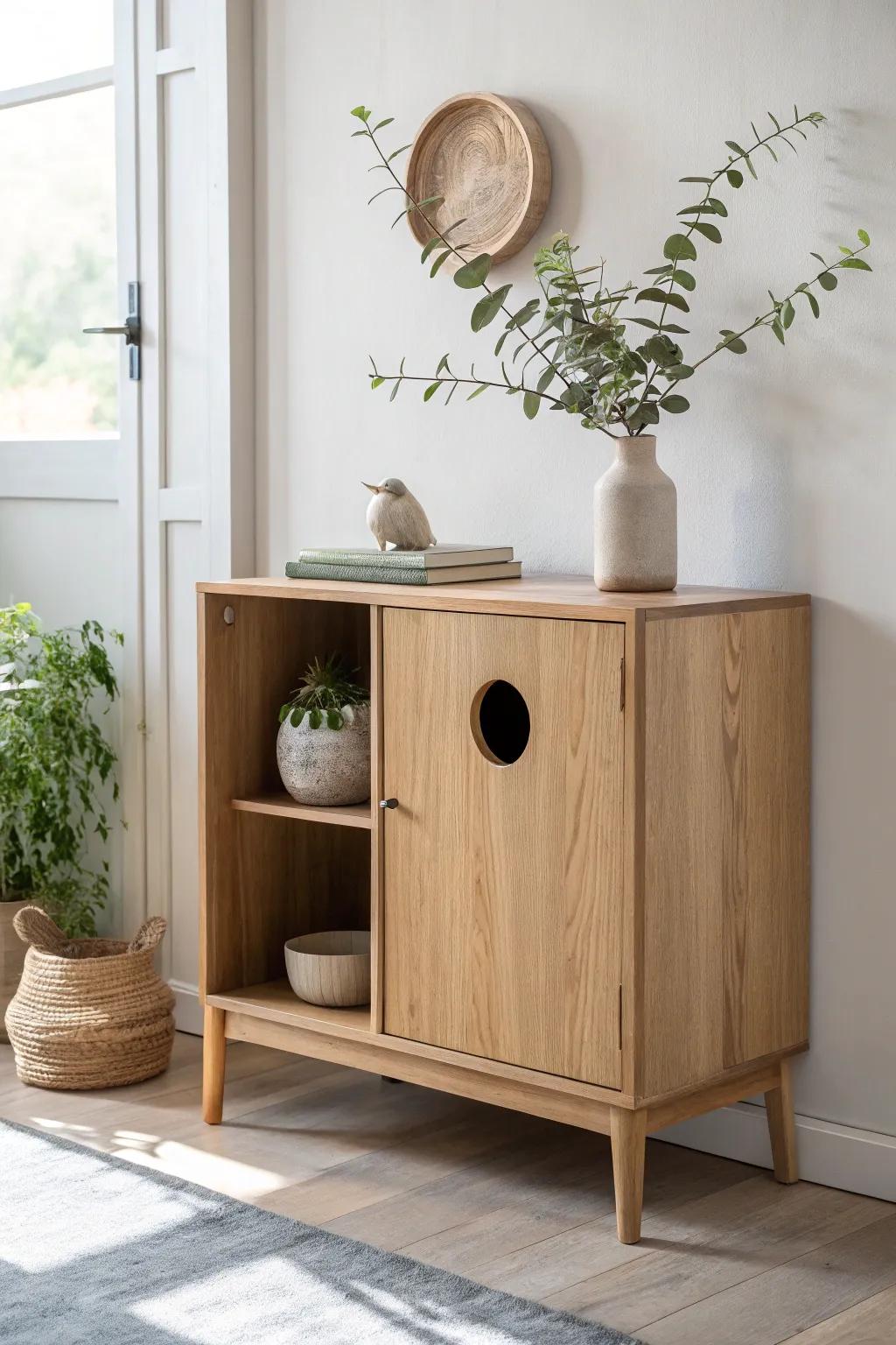 Infuse elegance with a hidden treasure: a stylish litter box cabinet that combines aesthetics and functionality.