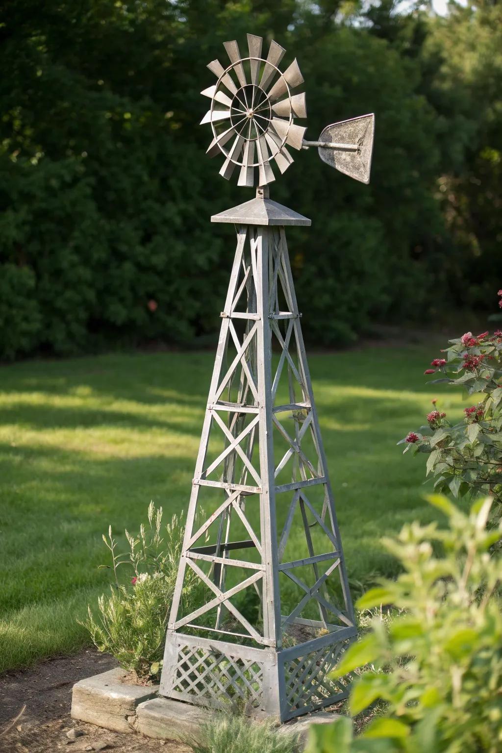 Revamp your garden with a captivating obelisk trellis fashioned from reclaimed rotator components—where resourcefulness aligns with the natural world.