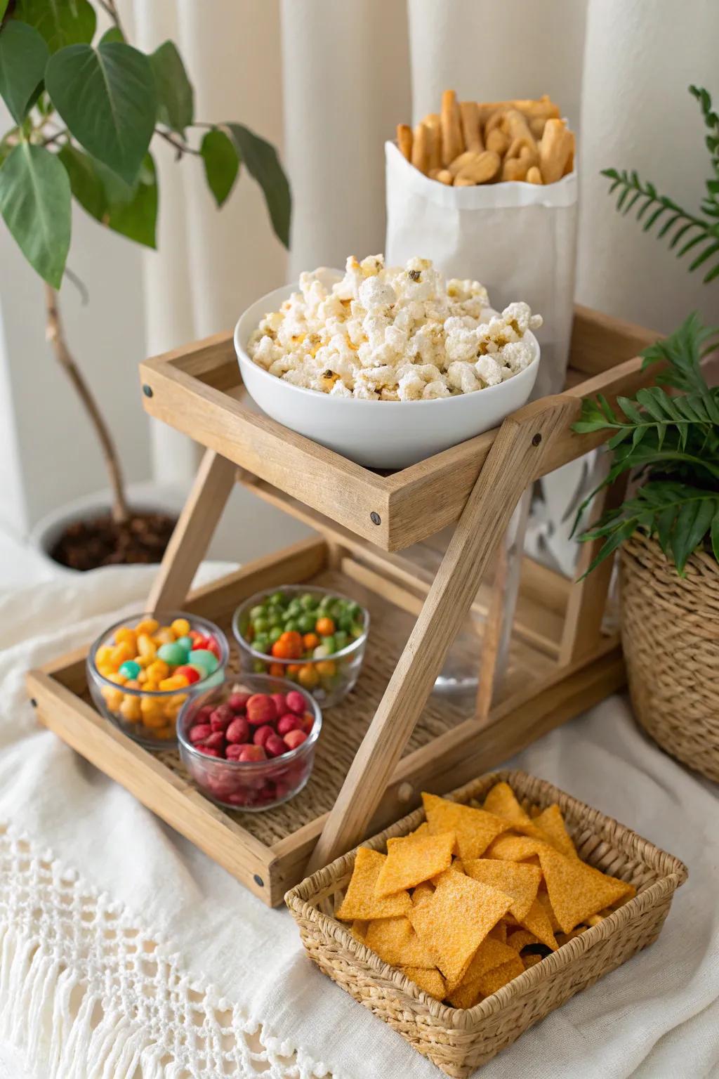 Enhance your movie night with this stylish, understated treats station setup! 🍿✨ Ideal for a relaxed evening indoors.