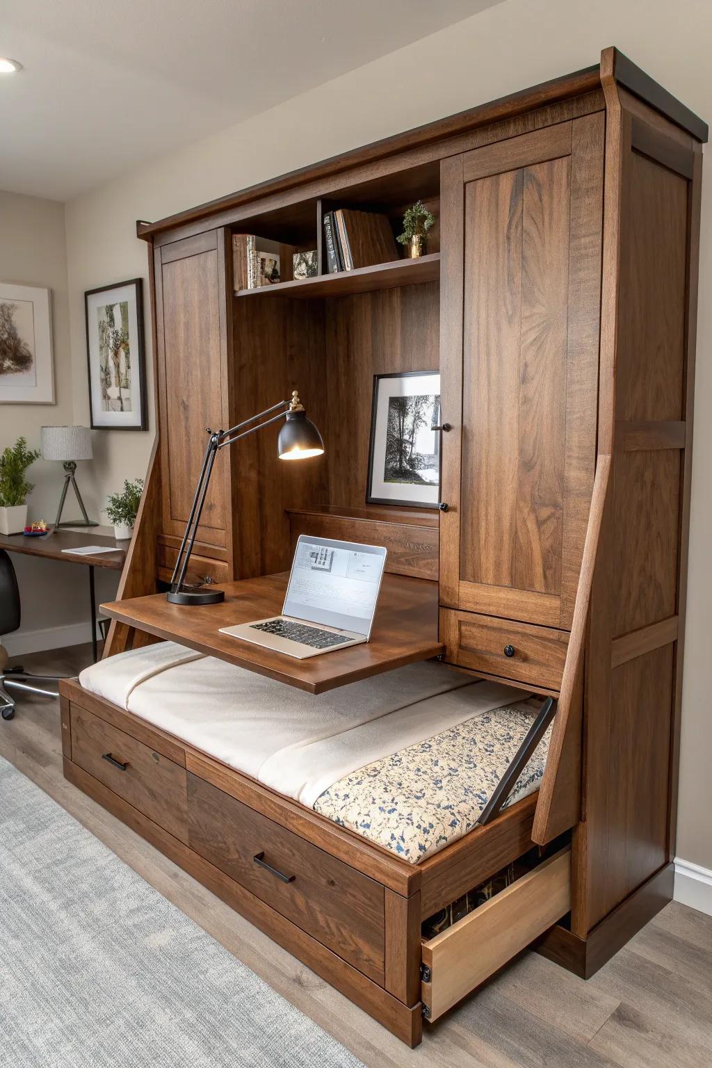 Improve your area with a Murphy bed that smoothly combines work and leisure. Suitable for the contemporary artisan.