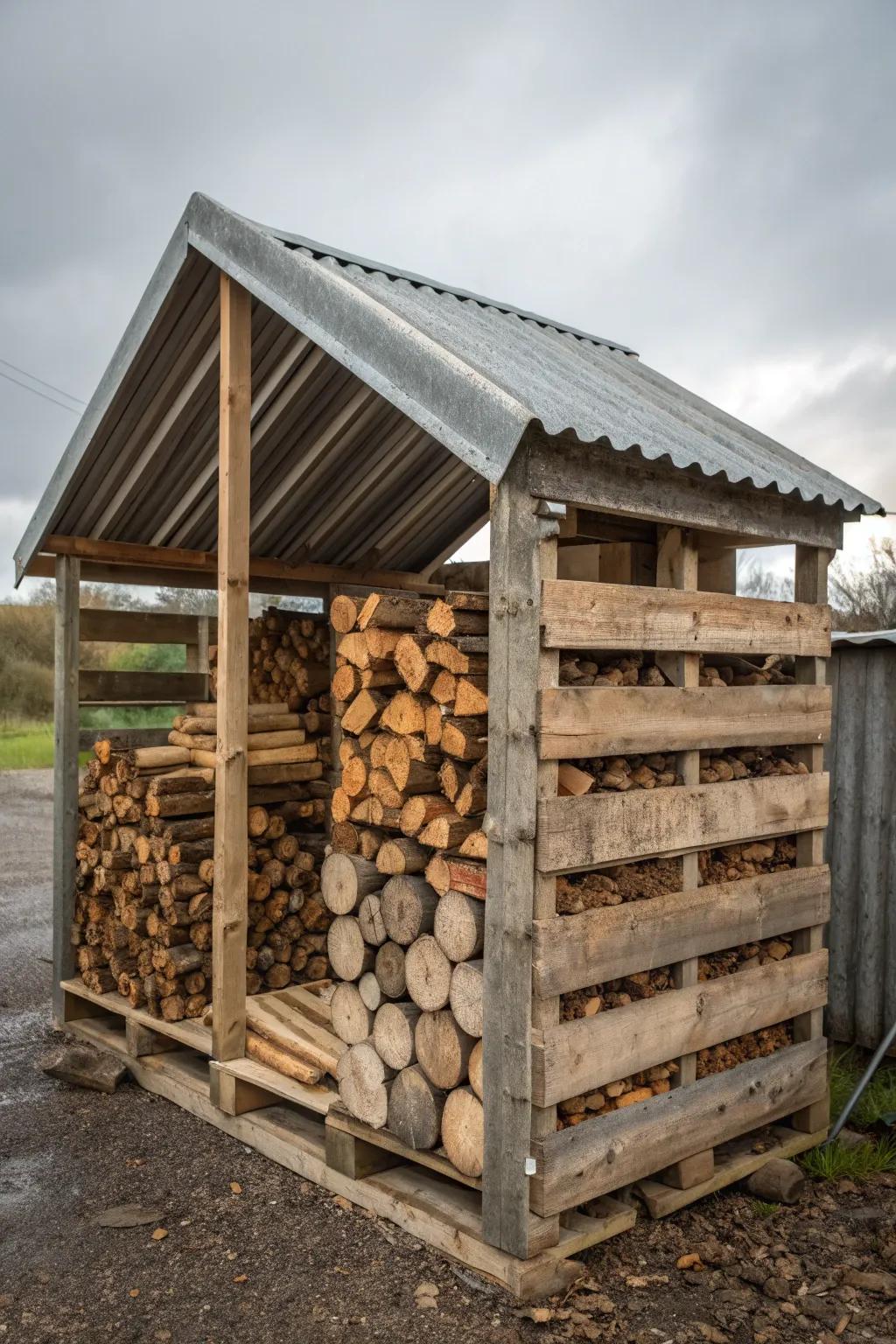 Transform your firewood storage with this rustic DIY pallet rack, complete with a protective slanted roof for all-weather readiness.