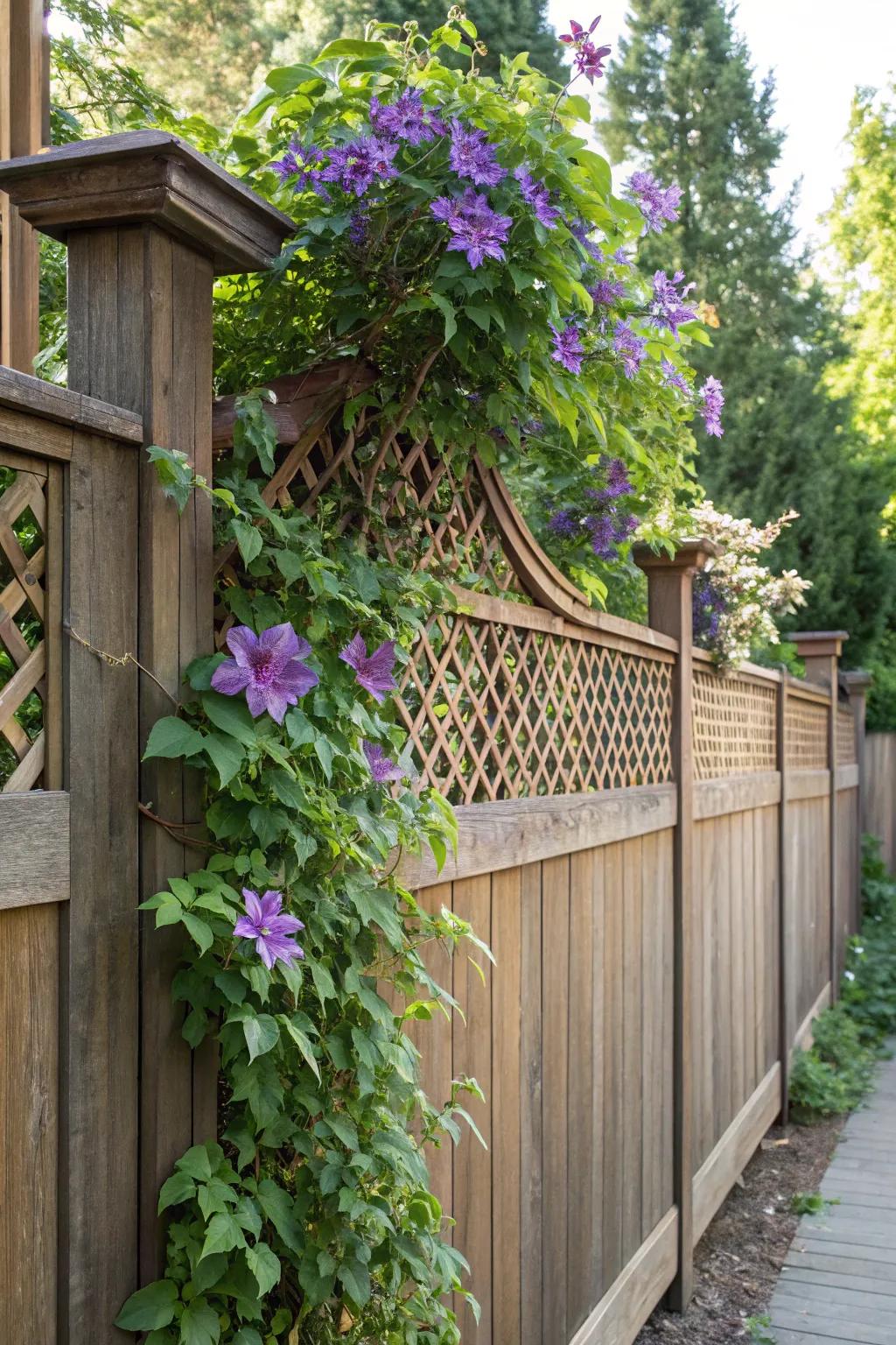 Transform your garden area with a lattice-crowned fence and flourishing clematis, achieving a seamless fusion of craftsmanship and nature’s splendor.