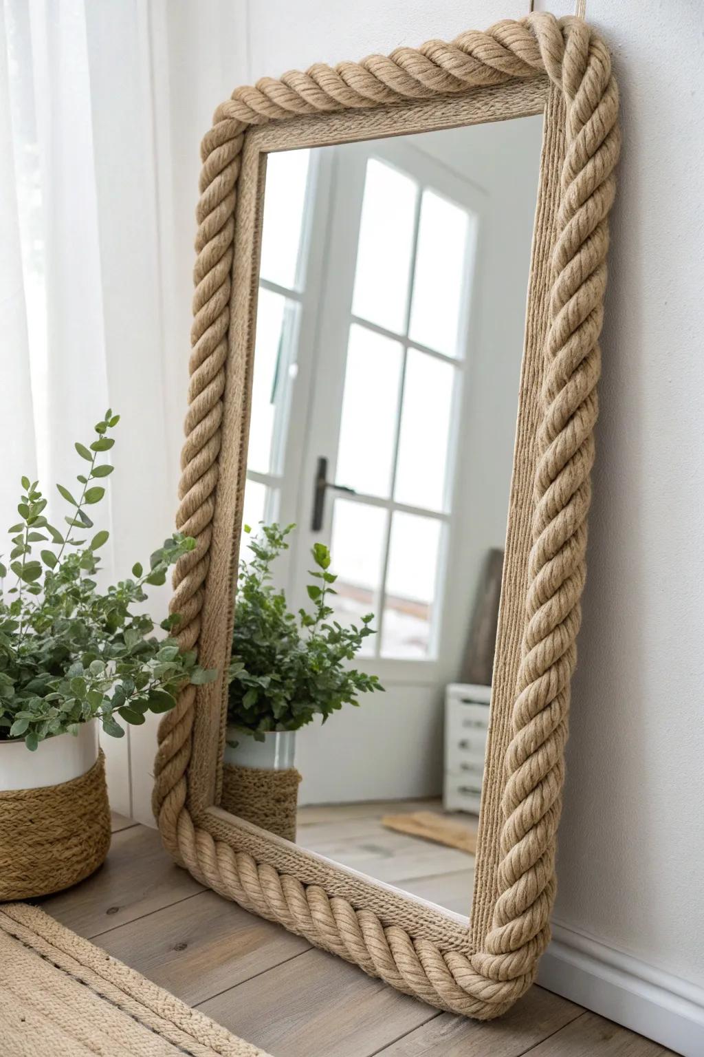 Infuse your space with nautical elegance using this DIY rope-wrapped mirror frame, suited to minimalist and bohemian settings.