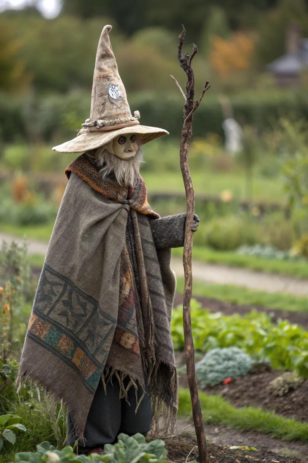 Charm your garden with this artisan sorcerer scarecrow, where magic and rustic charm meet!
