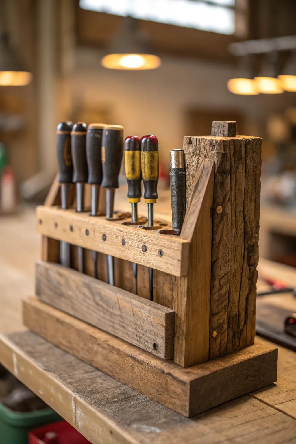 Enhance your workshop with this country-style timber screwdriver holder, a flawless fusion of practicality and artistry.