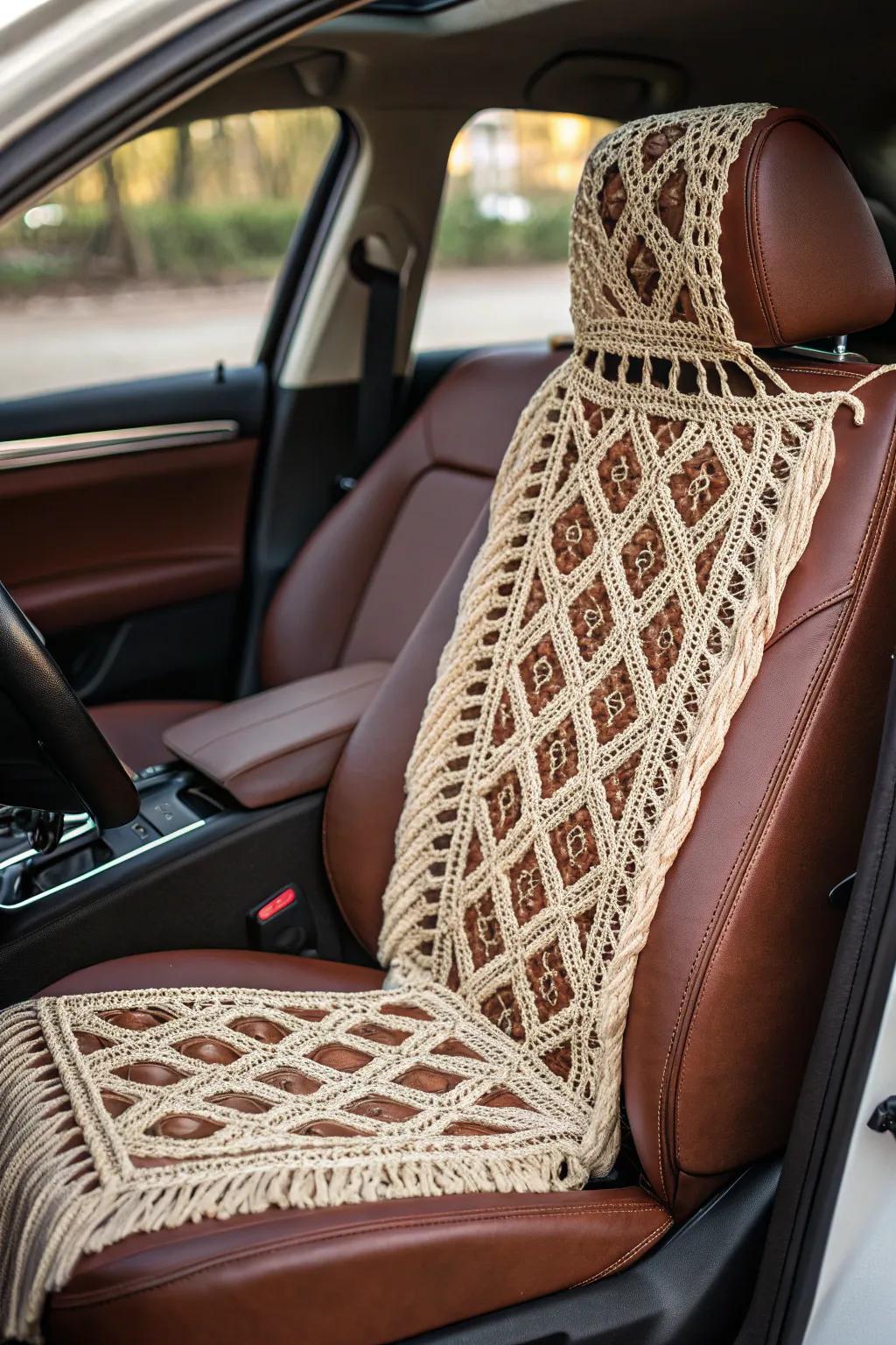 Enhance your vehicle with bohemian chic macramé seat covers - where artistry encounters automotive elegance!