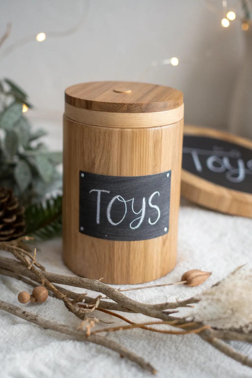 Enhance your toy storage through stylish chalkboard labels—where simplicity meets imagination.