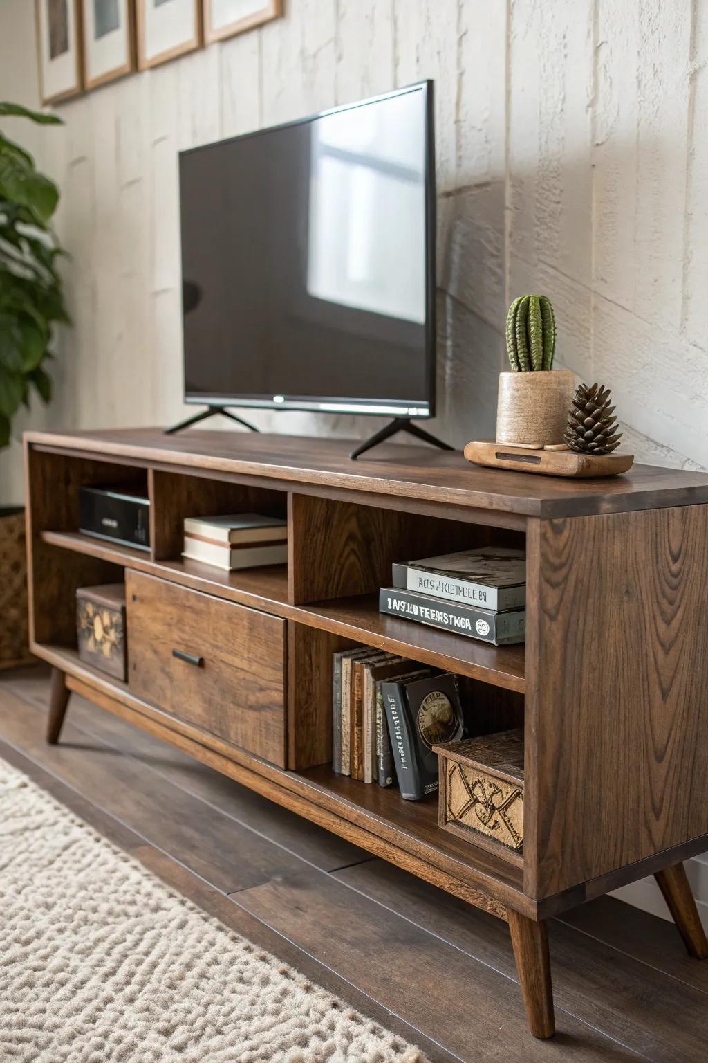 Showcase your style with an artisan-crafted display shelving TV stand.