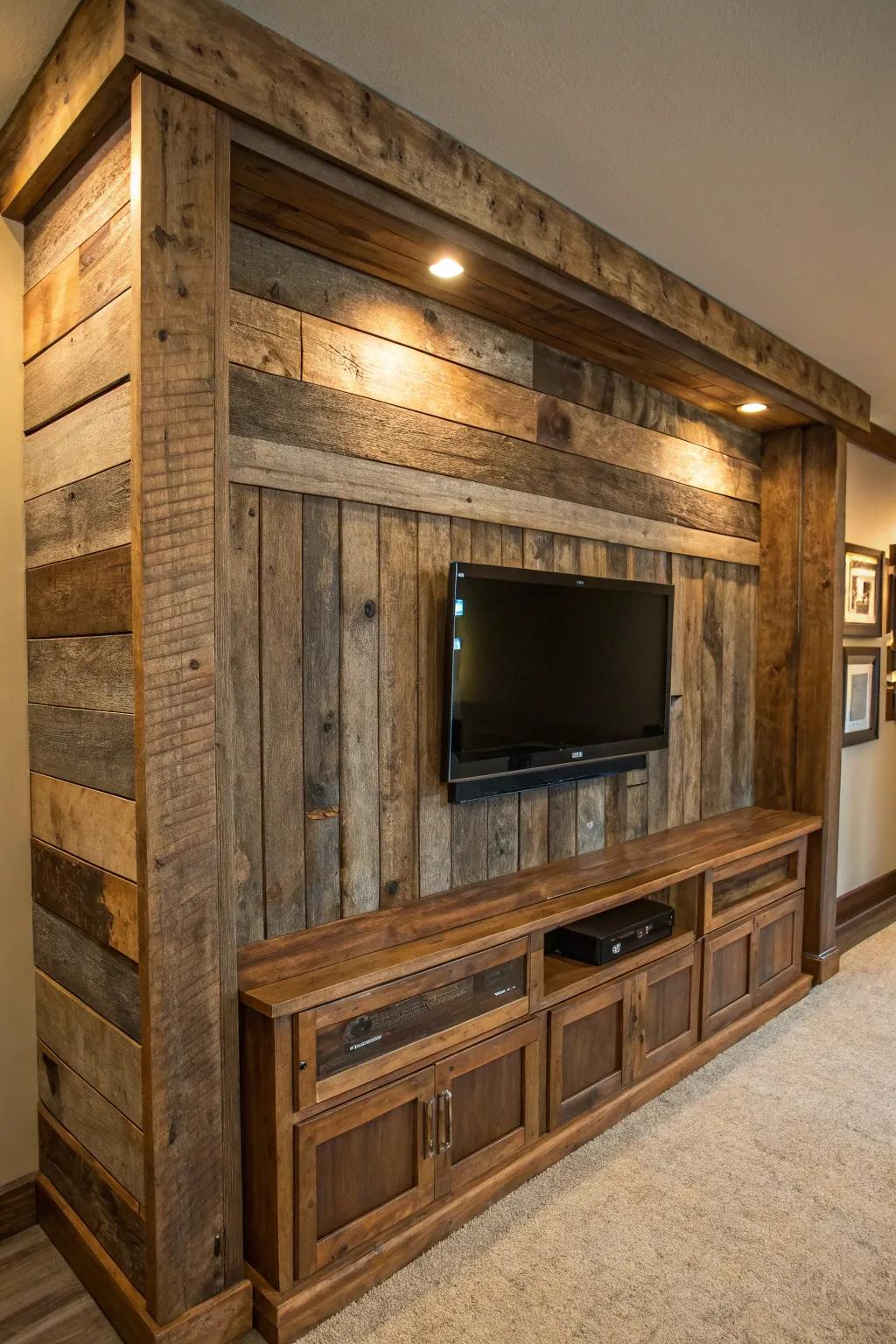 Raise the bar of your amusement space with the enduring fascination of salvaged lumber cladding.