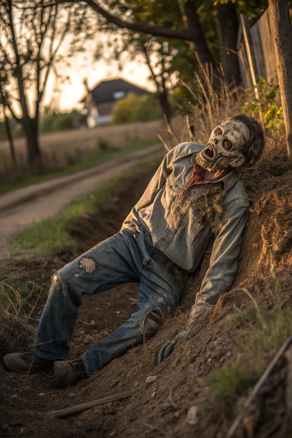 Awaken the undead with this DIY partially-interred zombie embellishment, ideally suited for introducing a spine-chilling element to your All Hallows' Eve arrangement!